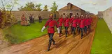 North West Mounted Police at Lower Fort Garry (#0498) by Kuba Bryzgalski, 1998, oil on canvas, sold Mar 2026