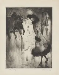 Dame, eine Pferdedroschke rufend by Lesser Ury, Um 1920, Kaltnadel auf Japan-Bütten, sold Jan 2026