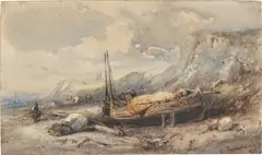 Schaluppe auf dem Strand by Eduard Hildebrandt, Aquarell auf Papier, auf Karton aufgezogen, sold Nov 2023