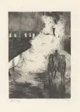 Nächtliche Impression (mit Droschke vor Lokomotivendampf) by Lesser Ury, 1924, Kaltnadel auf Bütten, sold Nov 2019