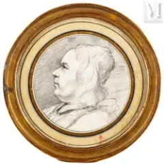 Portrait d'ecclésiastique by Charles-Nicolas Cochin, Crayon noir sur vélin en médaillon, sold Jul 2025