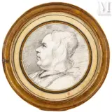 Portrait d'ecclésiastique by Charles-Nicolas Cochin, Crayon noir sur vélin en médaillon, sold Jul 2025