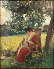 Femme à la couture sous un arbre by Blanche-Augustine Camus, Huile sur toile d'origine, sold Jul 2025