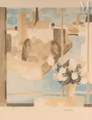 Bouquet de fleurs et église by Bernard Cathelin, Lithographie en couleurs, sold Jul 2025