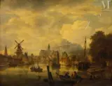 Paysage de Hollande aux barques et moulins by Anthony Jacobus Offermans, Huile sur panneau, sold Jul 2025