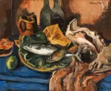 Nature morte aux poissons by Harry Bloomfield, Huile sur toile, sold Jun 2025