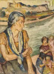 Femme et enfants sur l'île de la Barthelasse et vue sur le Fort Saint-André de Villeneuve-lez-Avignon by Mela Muter, Huile sur toile, sold Jun 2025