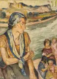 Femme et enfants sur l'île de la Barthelasse et vue sur le Fort Saint-André de Villeneuve-lez-Avignon by Mela Muter, Huile sur toile, sold Jun 2025