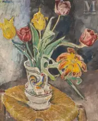 Pot de tulipes by Mela Muter, Huile sur panneau, sold Jun 2025