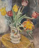 Pot de tulipes by Mela Muter, Huile sur panneau, sold Jun 2025