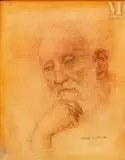 Portrait d'un penseur by Marek Rudnicki, Lavis d'encre et trait de plume sur papier marouflé sur panneau, sold Jun 2025