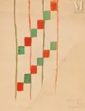 Projet de textile aux carrés rouge et vert by Sonia Delaunay, Gouache et crayon sur papier, sold Jun 2025