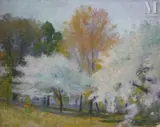 Deux cerisiers by Robert Vonnoh, Huile sur toile d'origine, sold Jun 2025