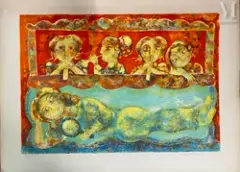 Femmes au miroir et aux flûtes by Sakti Burman, Lithographie, sold Jun 2025