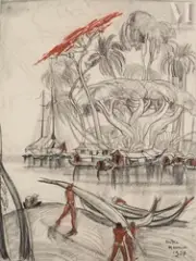 Le village de pêcheurs" by André Maire, 1954, Fusain et sanguine sur papier, sold Jun 2025