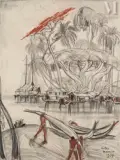 Le village de pêcheurs" by André Maire, 1954, Fusain et sanguine sur papier, sold Jun 2025