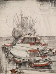Vue du port" by André Maire, 1957, Fusain et sanguine sur papier, sold Jun 2025