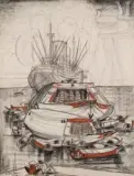 Vue du port" by André Maire, 1957, Fusain et sanguine sur papier, sold Jun 2025
