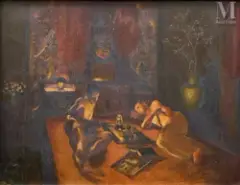 Les fumeurs d'opium" by Nguyen Anh, 1943, Huile sur panneau, sold Jun 2025