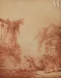 Deux lavandières et un chien devant une fontaine constituée d’éléments antiques by Hubert Robert, Sanguine, sold Jun 2025