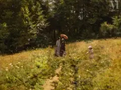 Elégantes à l'ombrelle dans un champ fleuri by Émile Isenbart, Huile sur carton marouflé sur panneau, sold Jun 2025