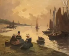 Les bretonnes sur le port by Henri Barnoin, Huile sur toile d'origine, sold May 2025