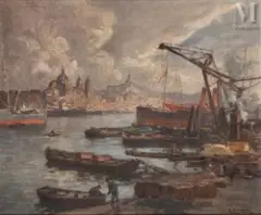 Pêcheurs dans le port de Marseille by Henri Alphonse Barnoin, Huile sur toile d'origine, sold May 2025