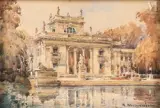 Parc Łazienki by Władysław Chmieliński, Aquarelle sur papier marouflé sur carton, sold Apr 2025