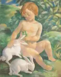 Enfant aux lapins by Wacław Borowski, Pastel sur papier, sold Apr 2025