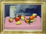 Citrons, bananes, pommes, oranges et vase by Georges Delhomme, 1980, Huile sur panneau de bois, sold Apr 2025