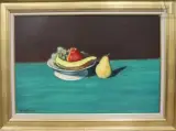 Compotier, raisins, pommes, bananes et poires by Georges Delhomme, Huile sur panneau de bois, sold Apr 2025