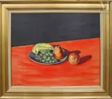 Assiette, raisins, bananes, poires et pomme posée by Georges Delhomme, Huile sur panneau de bois, sold Apr 2025