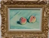 Deux pêches sur nappe verte by Georges Delhomme, 1944, Huile sur toile, sold Apr 2025