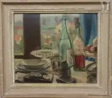 Nature morte aux bouteilles, aux fruits, aux coupes et aux lunettes by Georges Delhomme, Huile sur carton, sold Apr 2025