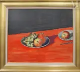 Assiettes et fruits sur nappe rouge by Georges Delhomme, Huile sur panneau de bois, sold Apr 2025