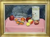 Le citron, la clémentine, pommes et le vase à droite by Georges Delhomme, Huile sur panneau de bois, sold Apr 2025