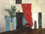 Intérieur au rideau rouge by Georges Delhomme, Huile sur toile, sold Apr 2025