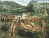 La baignade by Georges Delhomme, 1928, Huile sur carton, sold Apr 2025