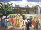 Scène familiale au jardin du Luxembourg by Georges Delhomme, 1924, Gouache sur papier marouflé sur panneau de bois, sold Apr 2025