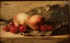 Nature morte aux pèches et cerises by Hubert Bellis, Huile sur panneau, sold Apr 2025