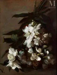 Bouquet de fleurs, roses et laurier by Antoine Vollon, Huile sur panneau, sold Feb 2025