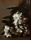 Bouquet de fleurs, roses et laurier by Antoine Vollon, Huile sur panneau, sold Feb 2025