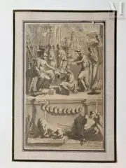 Projet de frontispice : scène de l’histoire romaine by Jan Goeree, Plume et encre grise, lavis gris sur traits de sanguine, sold Feb 2025