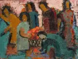 Au marché by Pierre Ambrogiani, Huile sur panneau, sold Jan 2025