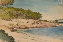 Bord de mer dans le Var by Jean Francis Auburtin, Aquarelle et traits de crayon, sold Jan 2025