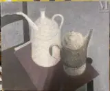 Cafetières sur chaise by Alex Berdal, Huile sur toile, sold Jan 2025