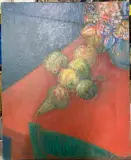 La table rouge by Alex Berdal, Huile sur toile, sold Jan 2025