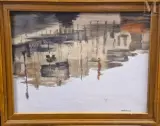 Maisons dans le port by Enzo Melchiorre, 1991, Huile sur carton, sold Jan 2025