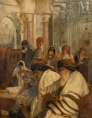 Dans la synagogue by Maurice Bismouth, Huile sur toile d'origine, sold Dec 2024