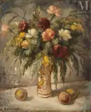 Bouquet de fleurs et fruits by Pierre Boucherle, Huile sur toile d'origine, sold Dec 2024